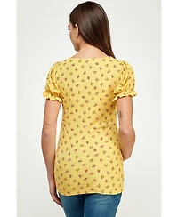 Hello Miz Maternity Ribbed Floral Ruched Front Puff Sleeve Top