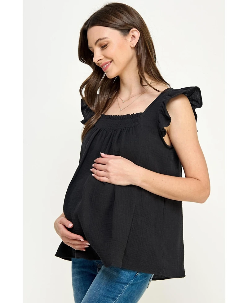 Hello Miz Maternity Cotton Smocked Flutter Sleeve Blouse