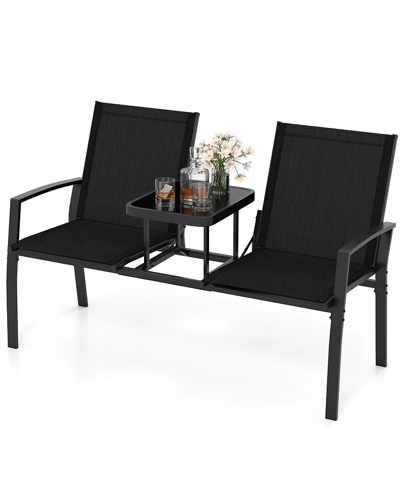 Slickblue Patio Loveseat with Built-in Table with Breathable Fabric Back