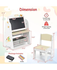 Sugift 4-in-1 Kids Table and Chair Set Art Easel with Magnetic Whiteboard and Bookshelf