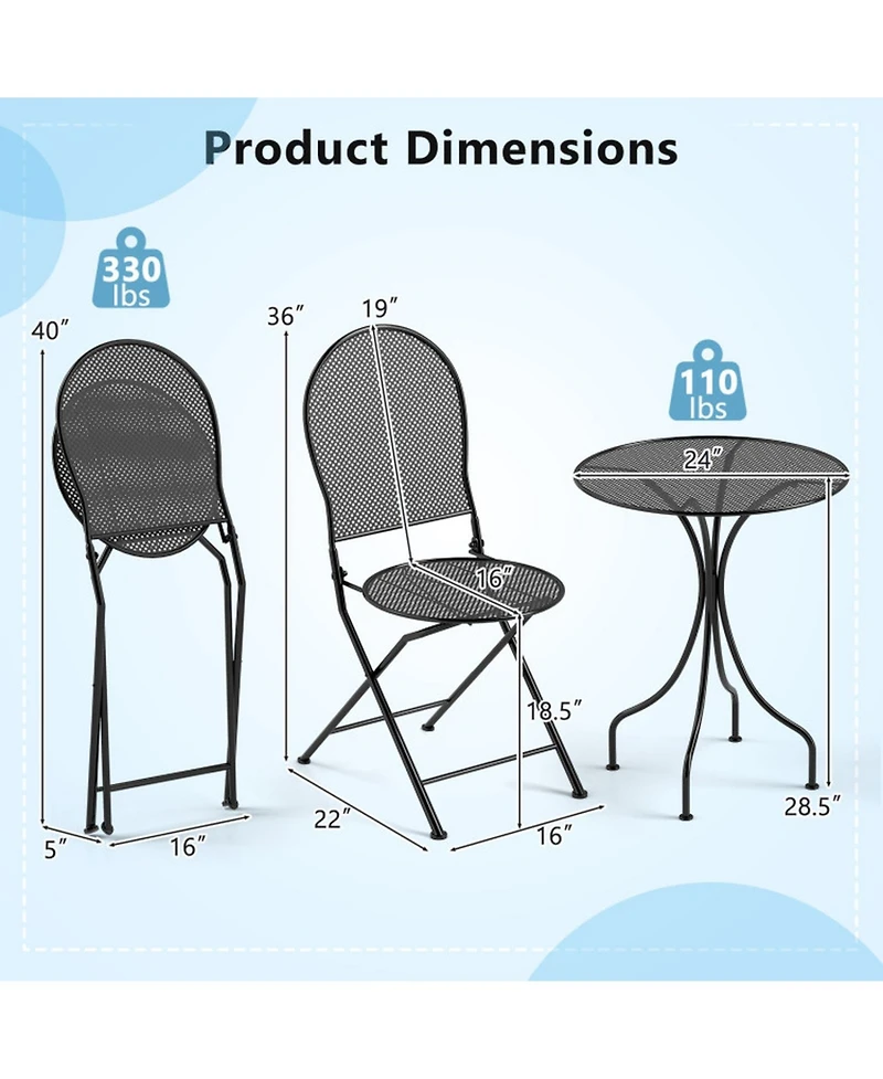 Gouun 3 Piece Metal Bistro Patio Conversation Set with Round Table and 2 Folding Chairs