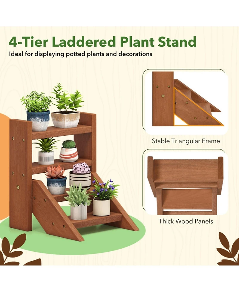 Gouun 4-Tier Solid Wood Plant Stand with Teak Oil Finish