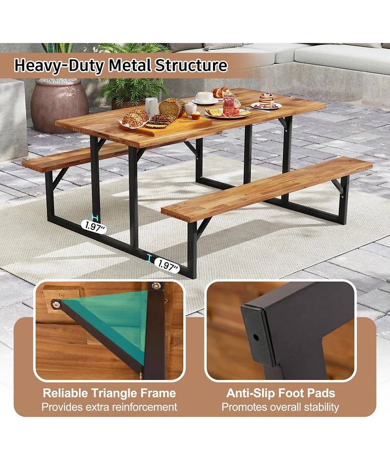 Sugift Acacia Wood Picnic Table with Two Built In Benches for Six