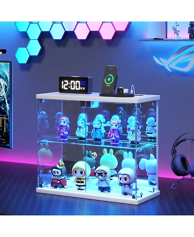Vlsrka Led Lighted 2-Tier Glass Display Case with Charging Station and Motion Sensor, Desktop Storage Organizer for Figures, Models Perfume