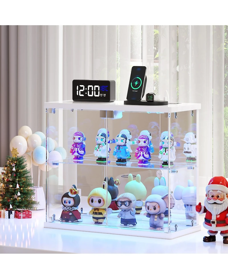 Vlsrka Led Lighted 2-Tier Glass Display Case with Charging Station and Motion Sensor, Desktop Storage Organizer for Figures, Models Perfume
