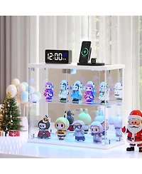 Vlsrka Led Lighted 2-Tier Glass Display Case with Charging Station and Motion Sensor, Desktop Storage Organizer for Figures, Models Perfume