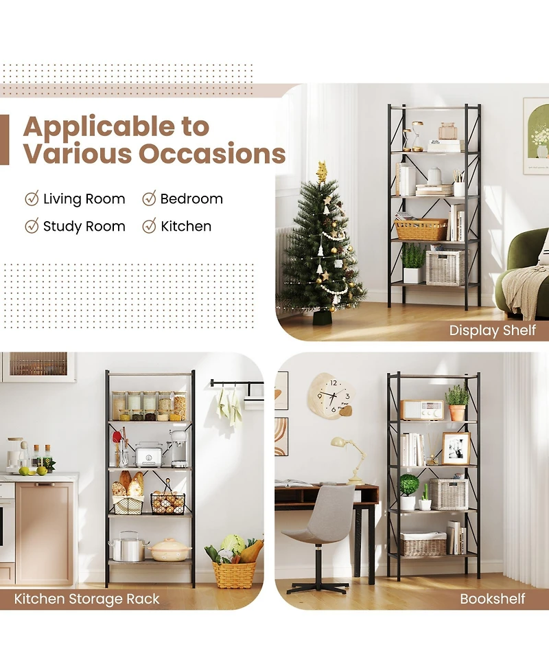 Sugift 5-Tier Bookshelf with Open Shelves and Heavy Duty Metal Frame