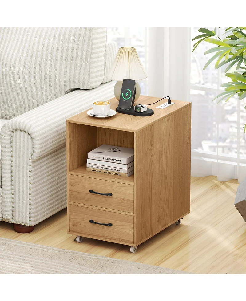 Gymax 2PCS End Table w/Built-in Charging Station Usb Ports Outlets 2 Drawers 3 Shelves