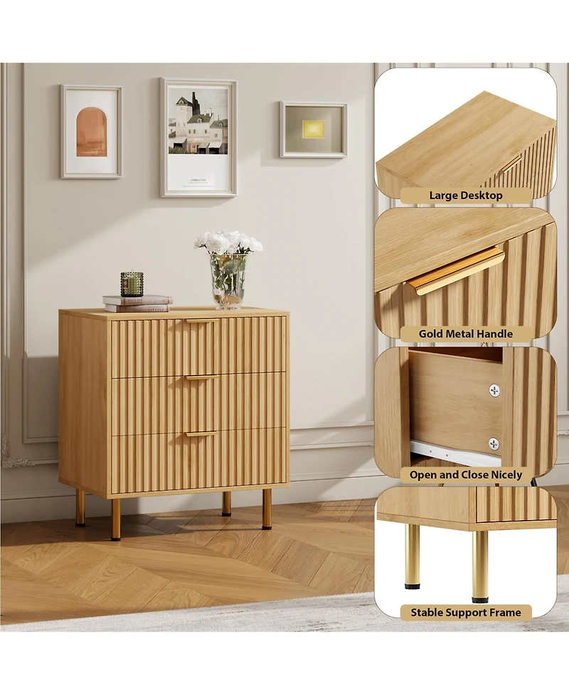 gaomon Bedroom 3 Drawer Dresser, Fluted Wood Storage Chest with Wide Top, Modern Nightstand Organizer.