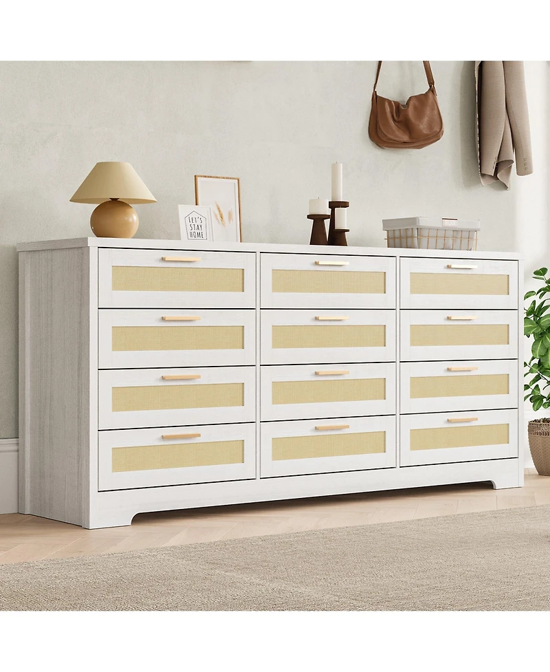 gaomon Bedroom 12-Drawer Dresser, Rattan Wood Chest with Wide Storage Drawers and Tabletop.