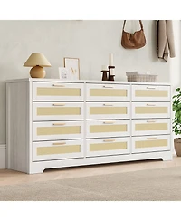 gaomon Bedroom 12-Drawer Dresser, Rattan Wood Chest with Wide Storage Drawers and Tabletop.
