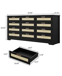 gaomon Bedroom 12-Drawer Dresser, Rattan Wood Chest with Wide Storage Drawers and Tabletop.