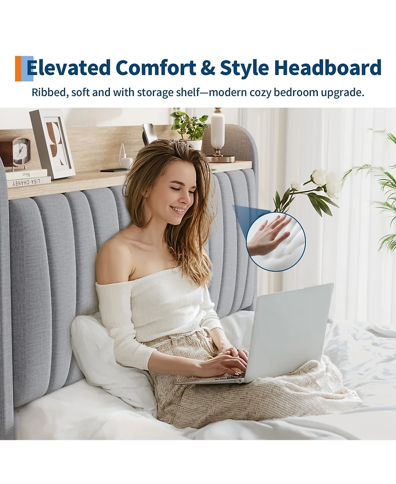 Homfan Upholstered Bed Frame with Storage Headboard, Charging Station and Drawer