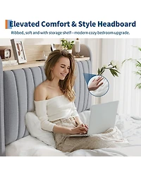 Homfan Upholstered Bed Frame with Storage Headboard, Charging Station and Drawer