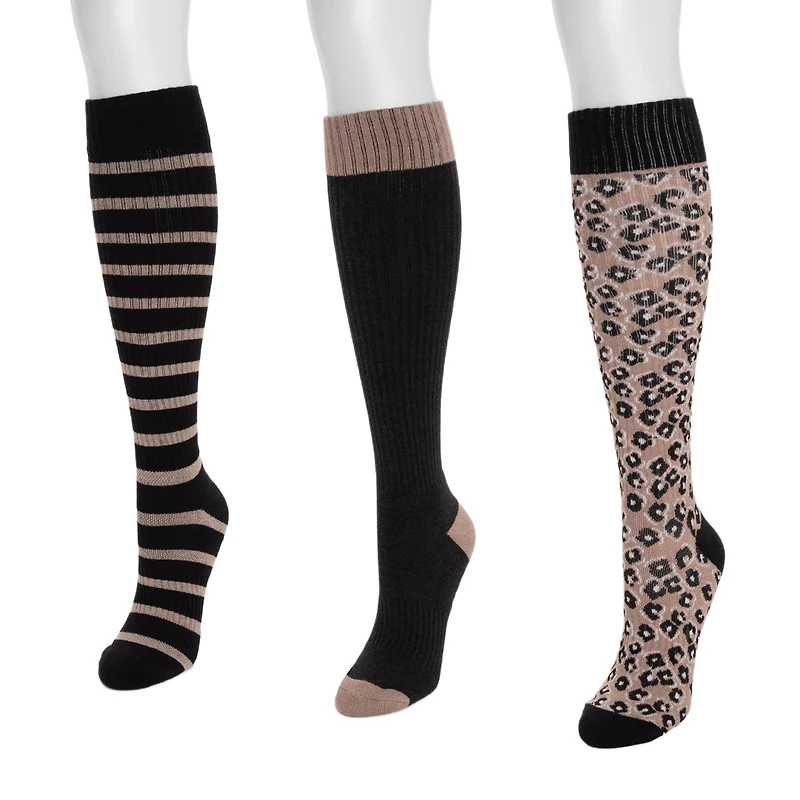 Muk Luks Women's 3 Pack Tall Cotton Wide Compression Knee-High Socks