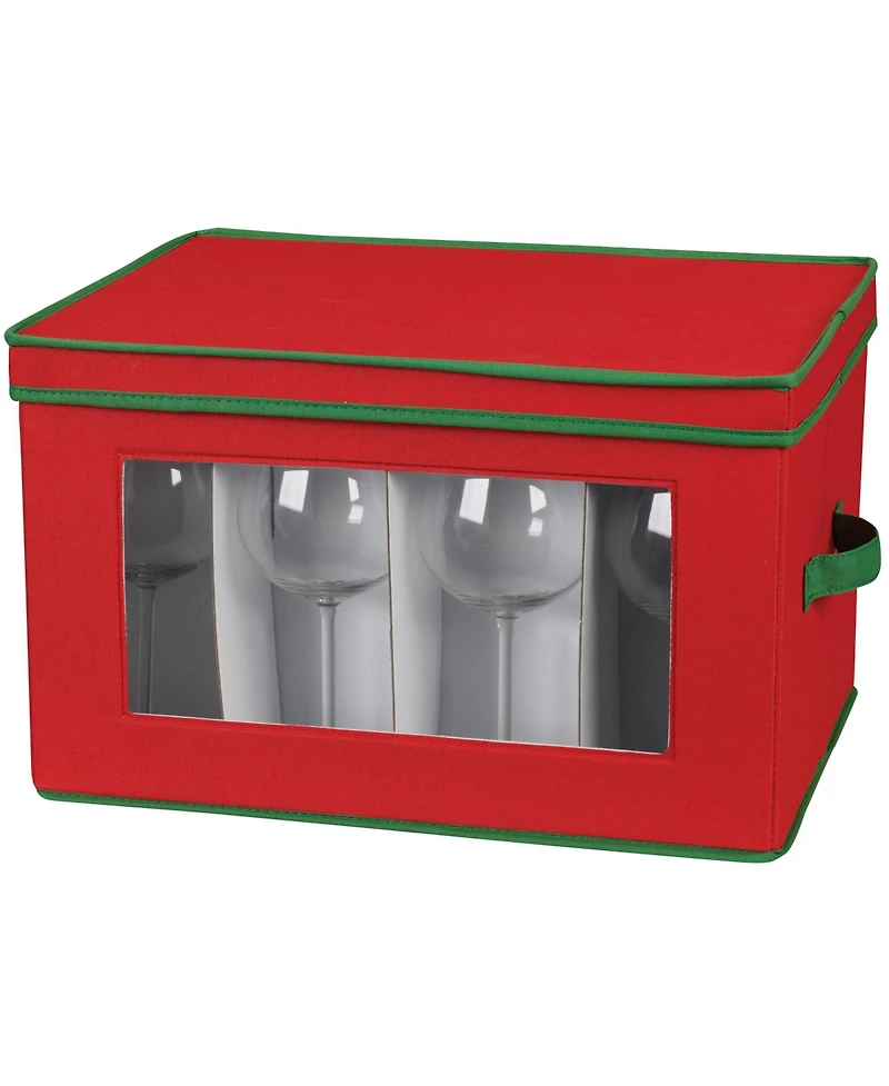 Household Essentials Holiday Wine Glass Storage Box, Windowed Panel and Handles, Trim