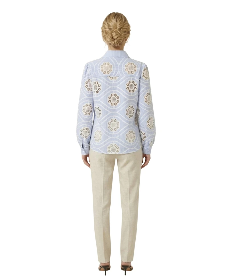 Modenaire Women's Striped Eyelet Collared Button-Down Shirt