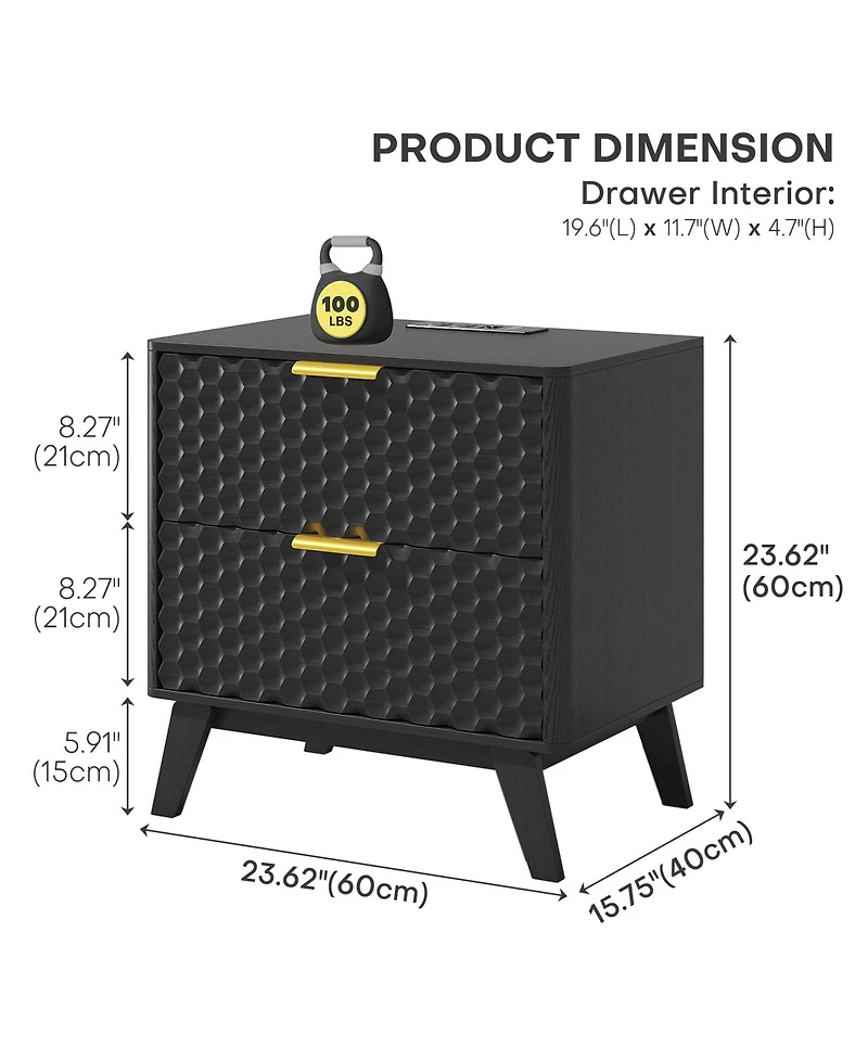Vlsrka 23.6-Inch Wide 2-Drawer Nightstand with Built-in Outlets and Human Sensor Light