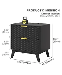 Vlsrka 23.6-Inch Wide 2-Drawer Nightstand with Built-in Outlets and Human Sensor Light
