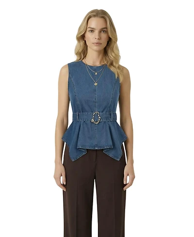 Modenaire Women's Belted Denim Peplum Top