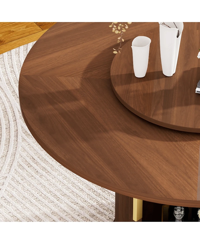 Rainsken Round Dining Table for 6 with a Rotating Tabletop Tray, 2-tier Storage Rack and Wooden Wavy-striped Sliding Doors for Living Room