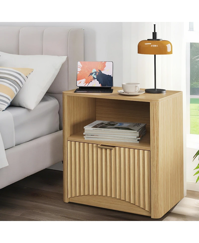 Bedroom Sofa Office Nightstand, Set of 2 Wooden Bedside End Tables, Fluted Panel Storage with Drawer and Shelf, Oak