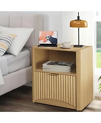 Bedroom Sofa Office Nightstand, Set of 2 Wooden Bedside End Tables, Fluted Panel Storage with Drawer and Shelf, Oak