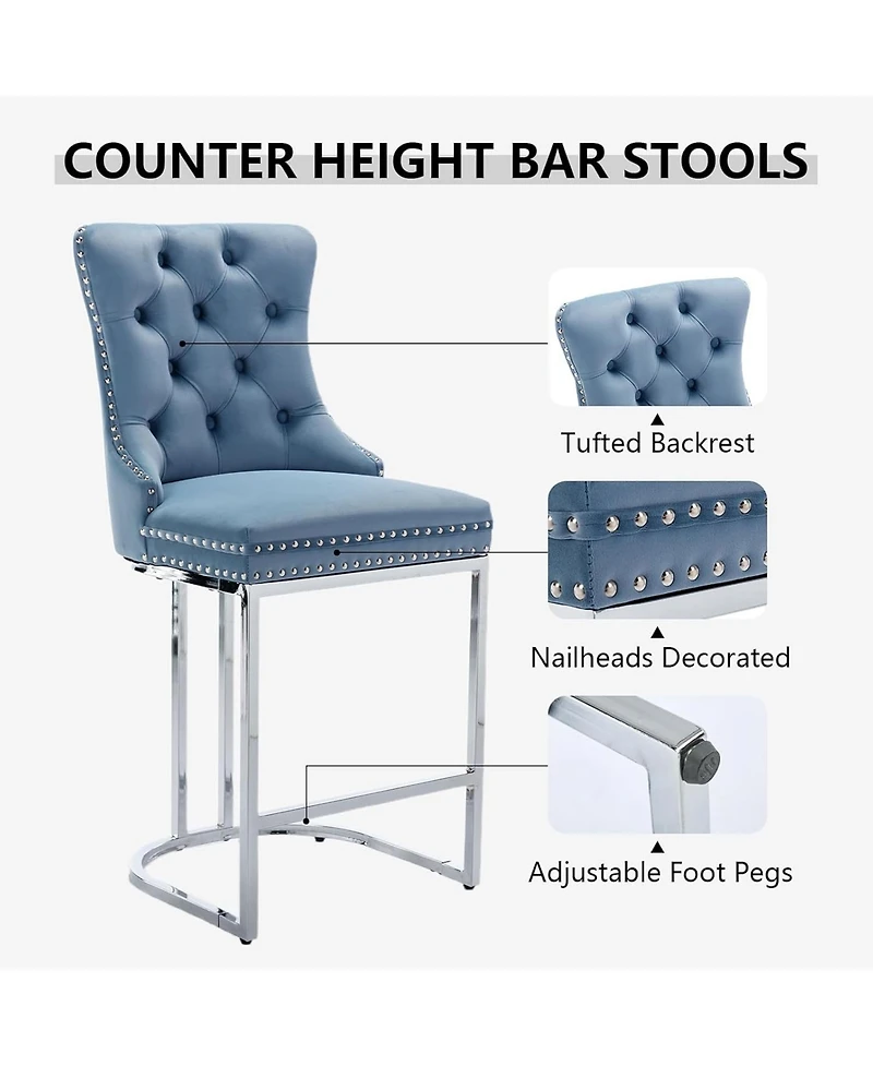 Rainsken Modern Velvet Bar Stools Set of 2, 26" Counter Height Chairs with Button Back, Nailhead Trim and Chromed Metal Legs for Kitchen Island