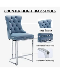 Rainsken Modern Velvet Bar Stools Set of 2, 26" Counter Height Chairs with Button Back, Nailhead Trim and Chromed Metal Legs for Kitchen Island