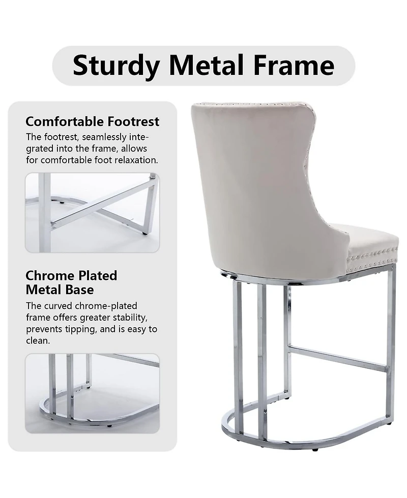 Rainsken Modern Velvet Bar Stools Set of 2, 26" Counter Height Chairs with Button Back, Nailhead Trim and Chromed Metal Legs for Kitchen Island