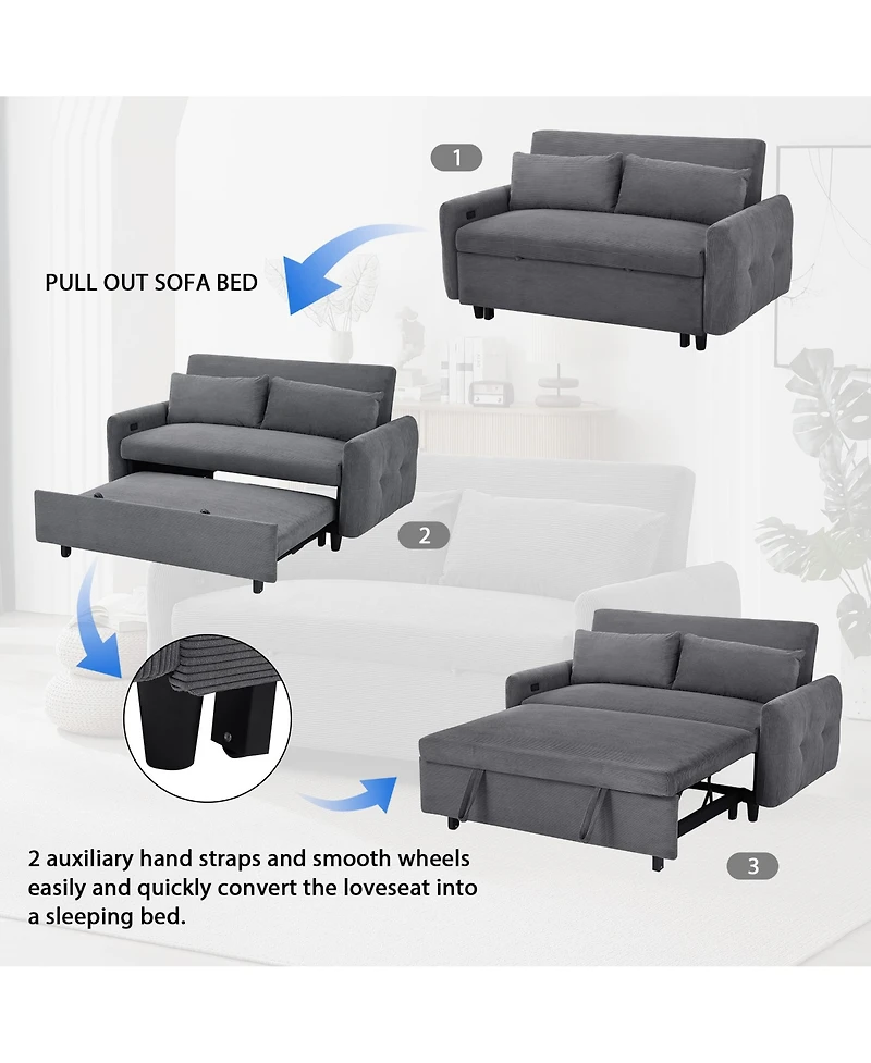 Rainsken 57.48" Pull-out Sofa Bed, Convertible Corduroy Couch with Adjustable Backrest, Usb Ports and 2 Pillows, Loveseat for Living Room