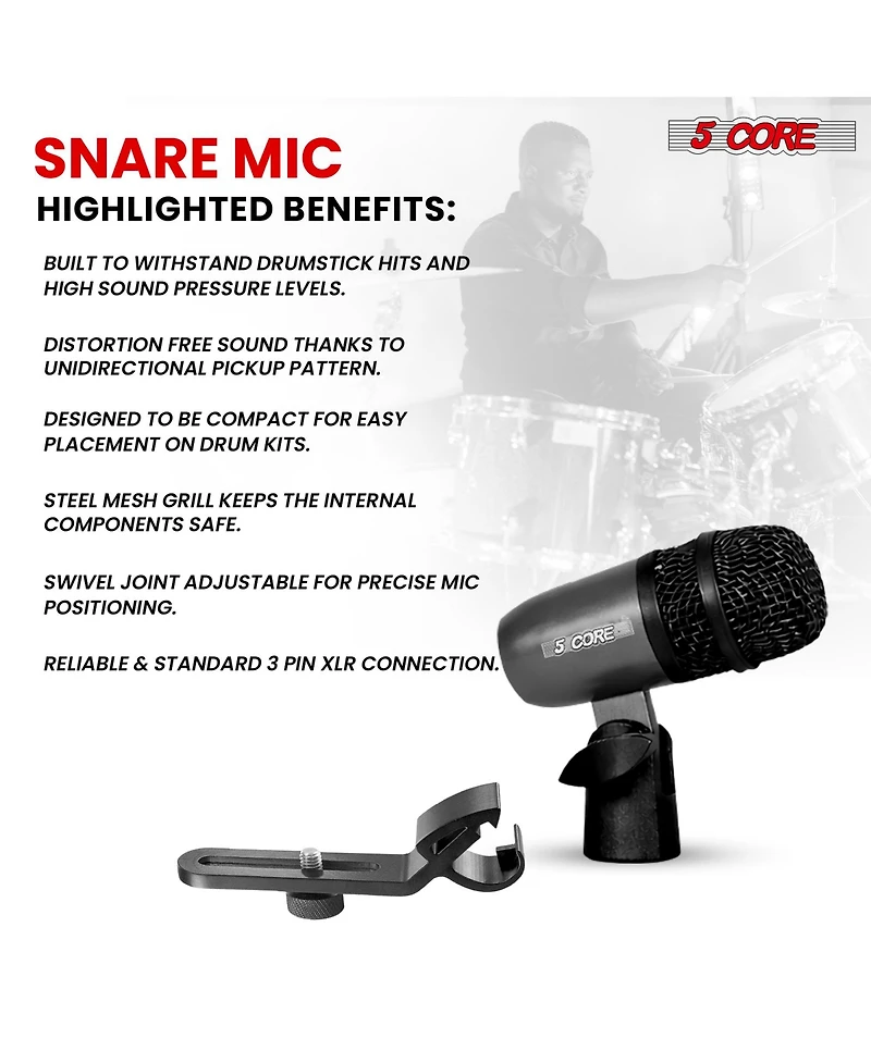 5 Core Snare Drum Microphone Uni Directional Pickup Pattern Wired Instrumental Dynamic Microfono - Snare Mic Blk