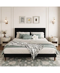 homfan upholstered platform bed with headboard, modern low profile design, sturdy metal frame, wood slats, noise free, no box spring