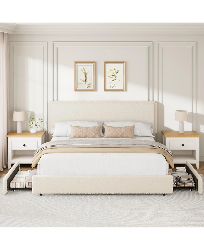 Homfan Cozy Boucle Upholstered Bed Frame – Modern Platform with Adjustable Cloud Headboard, 2 Storage Drawers, No Box Spring Needed