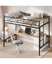 homfan Metal Loft Bed Frame with Arched Guardrail, Ladder and Underbed Space, Box Spring Not Required