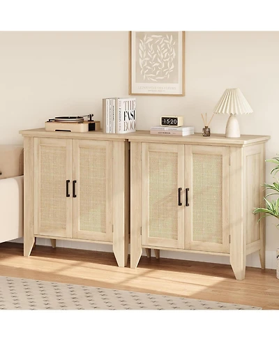 gaomon Small Storage Cabinet with Rattan Doors, Boho Sideboard Buffet Cabinet with 2 Doors and Adjustable Shelf