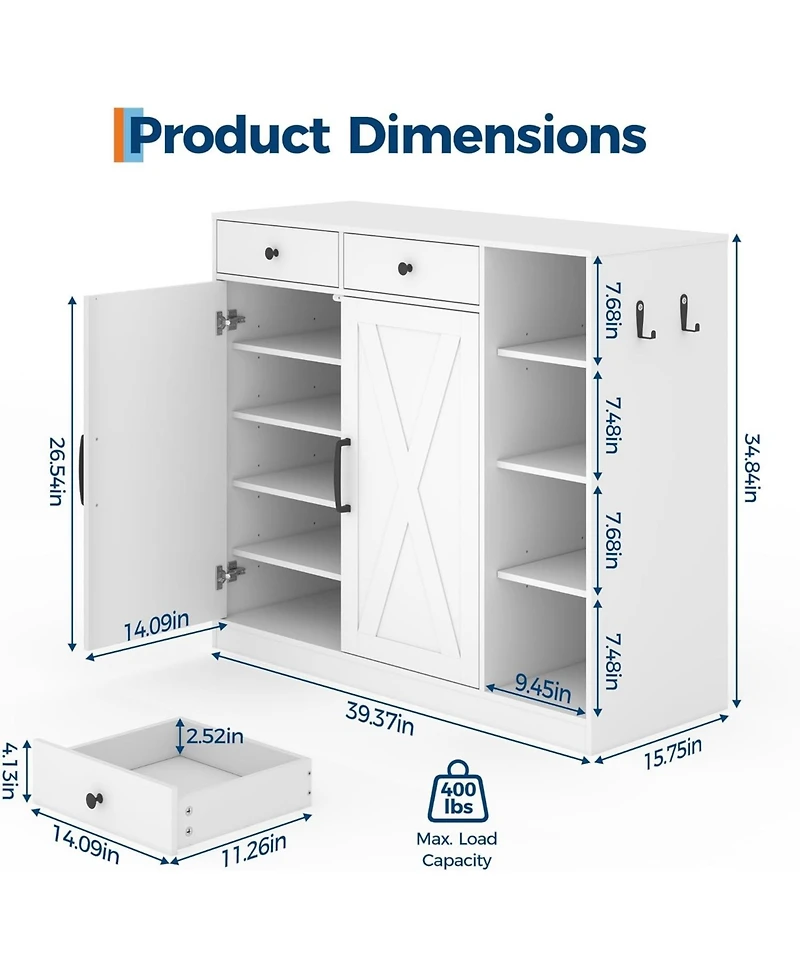gaomon Shoe Storage Cabinet, Modern Farmhouse Shoe Rack Organizer with 6 Adjustable Shelves and 2 Drawers Living Room