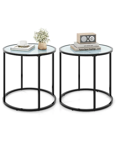 Gymax 2PCS Glass End Table 20 Round Side Table Metal Frame Faux Marble Glass Top