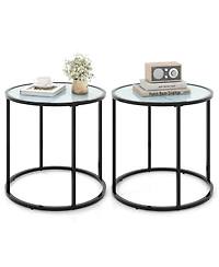 Gymax 2PCS Glass End Table 20 Round Side Table Metal Frame Faux Marble Glass Top