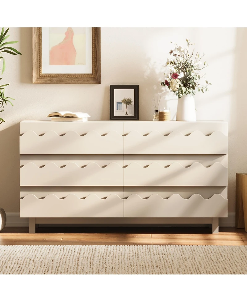 Rainsken 6 Drawer Dresser, Modern Tv Stand and Chest of Drawers with Wave Front Design, Anti-Tip Clothes Storage Organizer for Bedroom, Living Room