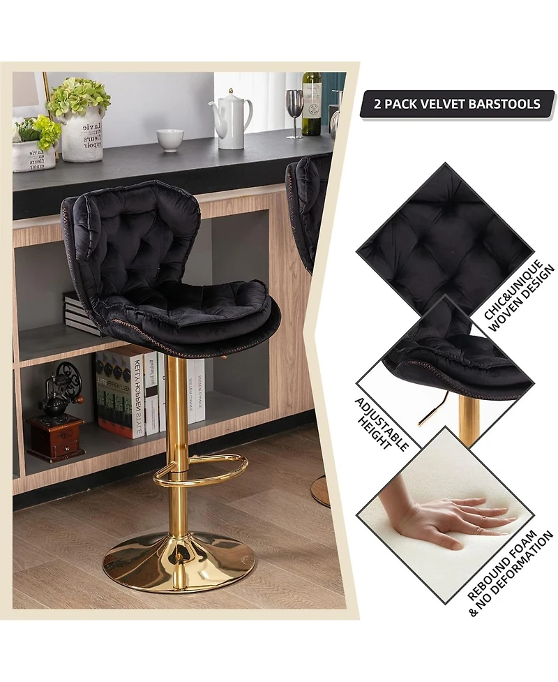 Rainsken Swivel Velvet Bar Stools Set of 2, Adjustable Counter Height Chairs with Chrome Footrest and Base for Kitchen Island, Home Pub