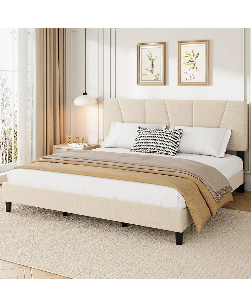 gaomon Upholstered Platform Bed with Adjustable Headboard Wooden Slats