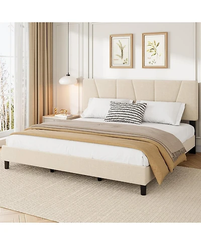 gaomon Upholstered Platform Bed with Adjustable Headboard Wooden Slats
