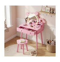 Homfan Bear-Shaped Lighted Mirror Kids Vanity Table and Chair Set - Wooden Princess Makeup Desk with Stool, Storage Drawers