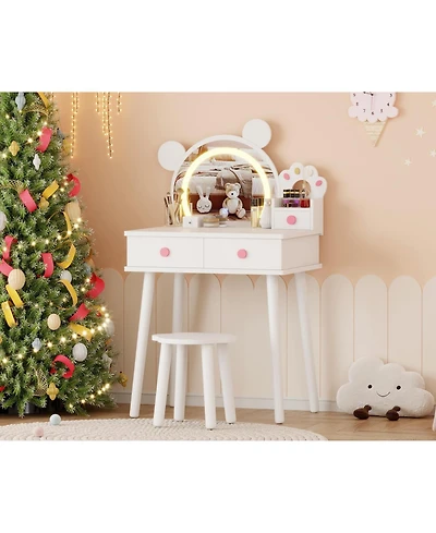 Homfan Bear-Shaped Lighted Mirror Kids Vanity Table and Chair Set - Wooden Princess Makeup Desk with Stool, Storage Drawers