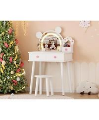 Homfan Bear-Shaped Lighted Mirror Kids Vanity Table and Chair Set - Wooden Princess Makeup Desk with Stool, Storage Drawers