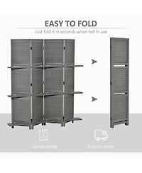 Rainsken 4 Panel Folding Room Divider, with Shelves, 5.6 Ft Freestanding Paulownia Wood, for Bedroom Home Office, No Assembly Required