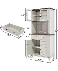 gaomon 72 in Tall Kitchen Pantry Cabinet, Kitchen Hutch Bar Cabinet with Microwave Stand, Cupboard with Drawers Glass Doors for Dining Room