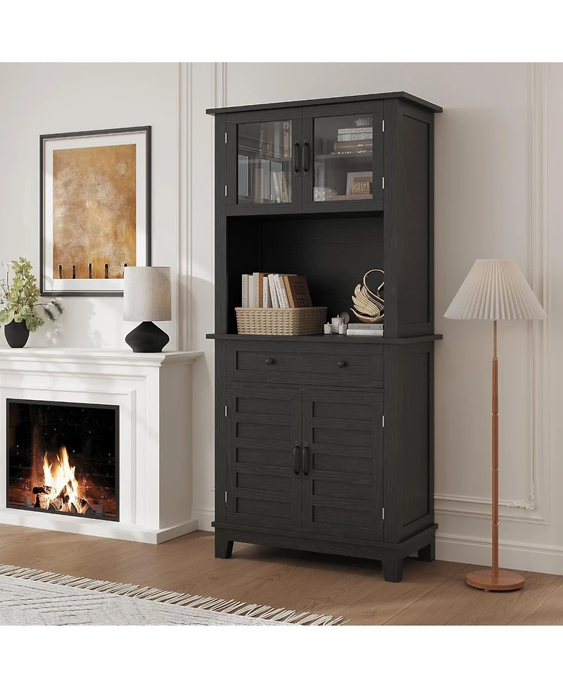 gaomon 72 Tall Kitchen Pantry Cabinet, Hutch Bar Cabinet with Microwave Stand, Cupboard Drawers Glass Doors for Dining Room