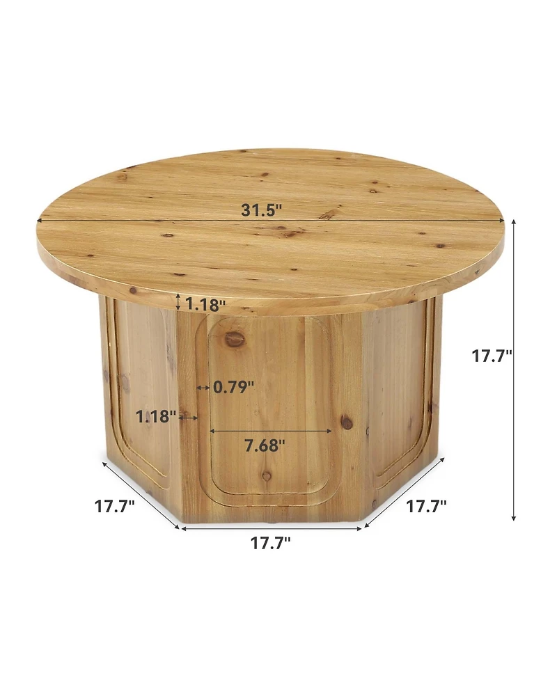 Tribesigns Large Round Solid Wood Coffee Table with Hexagon Pedestal Base